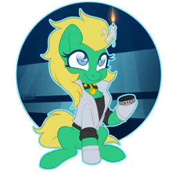 Size: 1000x1000 | Tagged: safe, artist:sickly-sour, derpibooru import, oc, oc:professor sugarcube, unofficial characters only, earth pony, pony, blonde, blue eyes, candle, clothes, collar, commission, fire, gloves, lab coat, scientist, sitting, smiling, solo, wax