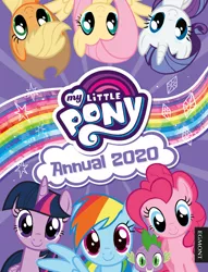 Size: 1951x2560 | Tagged: safe, derpibooru import, official, applejack, fluttershy, pinkie pie, rainbow dash, rarity, spike, twilight sparkle, twilight sparkle (alicorn), alicorn, dragon, earth pony, pegasus, pony, unicorn, spoiler:annual2020, 2020, female, male, mane seven, mane six, mare, my little pony annual 2020, my little pony logo, real, smiling, spread wings, wings