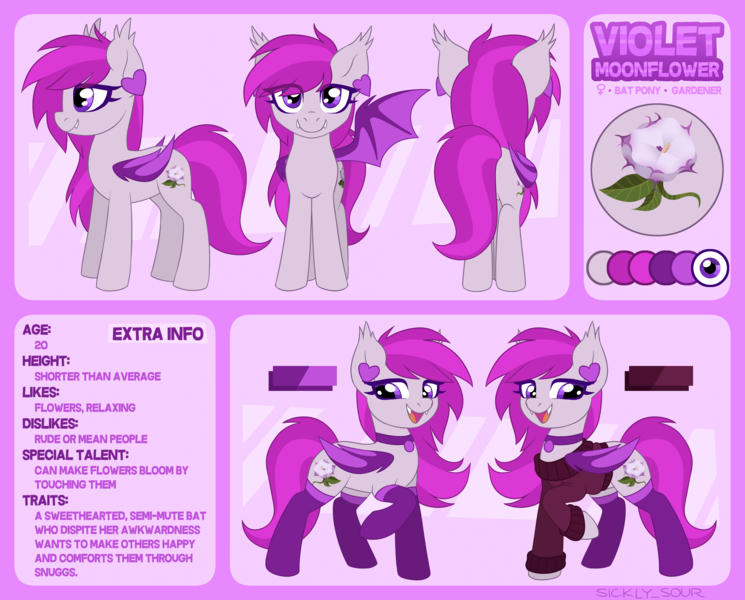 Size: 2596x2092 | Tagged: safe, artist:sickly-sour, derpibooru import, oc, oc:violet moonflower, unofficial characters only, bat pony, pony, bat pony oc, bat wings, clothes, commission, ear tufts, gardener, long mane, long tail, pink coat, pink eyes, pink mane, reference, reference sheet, socks, sweater, wings