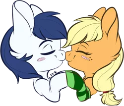 Size: 762x651 | Tagged: safe, artist:pinktabico, derpibooru import, applejack, oc, oc:constance everheart, blushing, canon x oc, chibi, clothes, everjack, female, male, nuzzling, shipping, socks, straight, striped socks