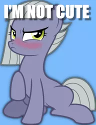 Size: 1024x1333 | Tagged: safe, derpibooru import, limestone pie, earth pony, pony, angry, blatant lies, blue background, blushing, caption, cute, denial, embarrassed, female, i'm not cute, image macro, limabetes, limetsun pie, madorable, mare, simple background, solo, text, tsundere, vector