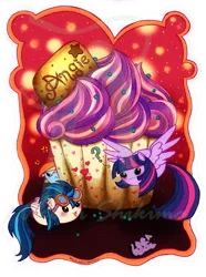 Size: 893x1200 | Tagged: safe, artist:shikimaakemi, derpibooru import, indigo zap, rainbow dash, twilight sparkle, twilight sparkle (alicorn), ponified, alicorn, pegasus, pony, chubbie, cross-popping veins, cupcake, equestria girls ponified, female, flying, food, goggles, heart, looking up, pictogram, simple background, smiling, transparent background