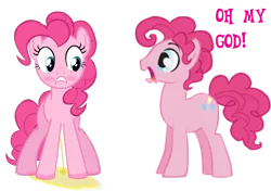 Size: 1457x1024 | Tagged: suggestive, derpibooru import, pinkie pie, earth pony, pony, accident, alternate scenario, blushing, bubble berry, desperation, embarrassed, female, image, need to pee, omg, omorashi, pissing, png, potty emergency, potty time, puddle, rule 63, self ponidox, show accurate, simple background, surprised, urine, vector, wetting