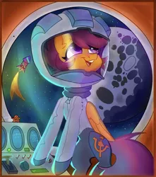 Size: 1386x1567 | Tagged: safe, artist:dodsie, artist:kanzlerjif, derpibooru import, scootaloo, starlight glimmer, trixie, pegasus, pony, astronaut, collaboration, cosmonaut, cute, female, helmet, mare in the moon, moon, rocket, solo, soviet union, space, spacesuit, stalliongrad, stars, toy interpretation, trixie's rocket