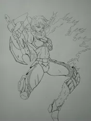 Size: 2448x3264 | Tagged: angry, applejack, armor, armpits, artist:kenuma, attack, axe, damaged, derpibooru import, fantasy class, female, human, humanized, jumping, marker drawing, safe, scar, solo, traditional art, valkyrie, warrior, weapon