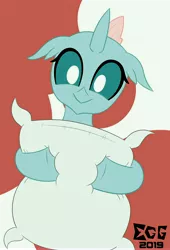 Size: 6875x10128 | Tagged: absurd resolution, artist:electricghost6, bed bug, changedling, changeling, cute, derpibooru import, diaocelles, female, ocellus, pillow, safe, smiling, solo