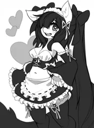 Size: 949x1280 | Tagged: safe, artist:saikoot, derpibooru import, oc, oc:selina, unofficial characters only, anthro, apron, bare shoulders, belly button, big breasts, bow, breasts, clothes, cute, dress, female, frilly dress, grayscale, hair over one eye, heart, heart eyes, looking at you, maid, maid headdress, midriff, moe, monochrome, pigtails, skirt, smiling, socks, solo, stockings, thigh highs, top, twintails, uniform, wingding eyes, zettai ryouiki