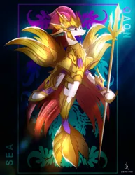 Size: 4000x5192 | Tagged: absurd resolution, armor, artist:zidanemina, beautiful, crossover, derpibooru import, empress, female, my little pony: the movie, queen novo, safe, saint seiya, seapony (g4), solo, trident, weapon