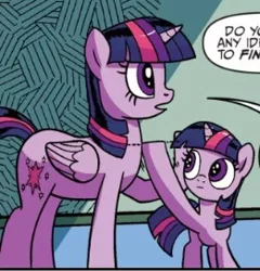 Size: 261x272 | Tagged: safe, artist:pencils, derpibooru import, idw, twilight sparkle, twilight sparkle (alicorn), alicorn, pony, unicorn, spoiler:comic, spoiler:comicidw2020, dialogue, female, filly, filly twilight sparkle, height difference, mare, open mouth, self ponidox, size comparison, speech bubble, talking, time paradox, unicorn twilight, younger