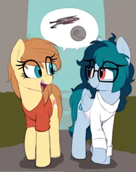 Size: 1101x1387 | Tagged: safe, artist:shinodage, derpibooru import, oc, oc:cream heart, oc:delta vee, unofficial characters only, earth pony, pegasus, pony, braces, clothes, death star, female, glasses, looking at each other, mare, meganekko, nerd, open mouth, shirt, star wars, starfighter, sweater, x-wing, younger