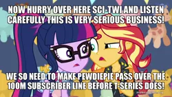 Size: 800x450 | Tagged: safe, derpibooru import, edit, edited screencap, screencap, sci-twi, sunset shimmer, twilight sparkle, cat, elephant, giraffe, rabbit, equestria girls, equestria girls series, rollercoaster of friendship, animal, bow, bowtie, caption, clothes, cutie mark, cutie mark clothes, exclamation point, exploitable meme, eyelashes, female, geode of empathy, geode of telekinesis, glasses, hand on shoulder, internet, jacket, jewelry, leather belt, leather jacket, leather vest, magical geodes, meme, memegenerator, necklace, pewdiepie, pewdiepie vs t-series, plushie, pointing, ponytail, shirt, skirt, symbol, t-series, t-shirt, talking, text, text edit, top, wall of tags, woman, youtube, youtuber