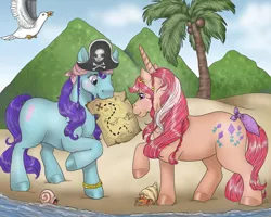 Size: 1000x800 | Tagged: artist:whippetluvpony, bandana, beach, bird, braid, coconut tree, derpibooru import, ear piercing, earring, g1, hat, hermit crab, hopscotch, jewelry, map, piercing, pirate, pirate hat, safe, seagull, skyflier, snail