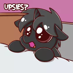 Size: 949x949 | Tagged: safe, artist:sugar morning, derpibooru import, oc, oc:dog whisperer, pony, unicorn, bed, bedsheets, colt, cute, dialogue, floppy ears, frown, indoors, male, meme, open mouth, puppy dog eyes, sad, solo, talking, upsies, weapons-grade cute