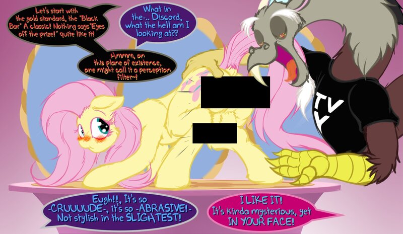 Size: 1761x1024 | Tagged: questionable, artist:frist44, derpibooru import, discord, fluttershy, pegasus, pony, comic:panty shopping with discord, blushing, butt, butt touch, carousel boutique, censor bar, censored, censorship, clothes, comic, crotchboobs, cutie mark, dialogue, dock, embarrassed, female, flutterbutt, genitals, hand on butt, implied pinkie pie, implied rarity, magic, mare, meta, mirror, nudity, offscreen character, plot, pose, presenting, raised tail, shirt, table, tail, tv rating, tv-y