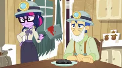 Size: 1280x720 | Tagged: safe, derpibooru import, screencap, flash sentry, sci-twi, twilight sparkle, equestria girls, equestria girls series, opening night, clothes, costume, cropped, fake beard, female, helmet, mining helmet, sci-twi is not amused, twilight is not amused, unamused