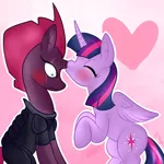 Size: 800x800 | Tagged: safe, artist:therainbowtroll, derpibooru import, tempest shadow, twilight sparkle, twilight sparkle (alicorn), alicorn, pony, unicorn, blushing, female, kiss on the horn, kissing, lesbian, mare, shipping, shrunken pupils, tempestlight