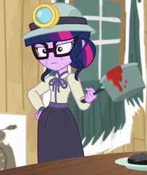 Size: 605x720 | Tagged: safe, derpibooru import, screencap, sci-twi, twilight sparkle, equestria girls, equestria girls series, opening night, clothes, costume, cropped, cyoa, female, glasses, misleading thumbnail, pot, sci-twi is not amused, twilight is not amused, unamused