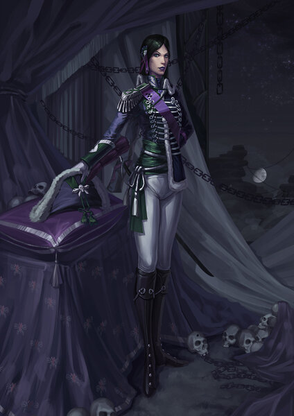 Size: 2059x2913 | Tagged: artist:sunset tide, beautiful, bicorne, boots, chains, clothes, curtains, cute, dead source, derpibooru import, epaulettes, female, fine art emulation, gloves, green eyes, hat, human, humanized, human skull, lipstick, painterly, painting, pants, purple lipstick, queen chrysalis, saber, safe, shoes, skull, solo, sword, technical advanced, uniform, weapon, woman