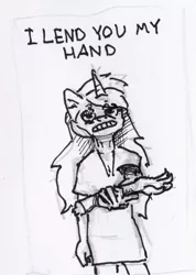 Size: 1299x1824 | Tagged: anthro, artist:ploskostnost, derpibooru import, dialogue, grayscale, hand, lidded eyes, looking at you, lyra heartstrings, monochrome, safe, severed hand, solo, traditional art