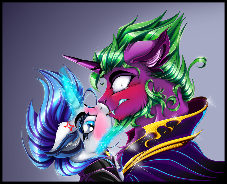 Size: 4972x4034 | Tagged: safe, alternate version, artist:dimidiummorsumbra, derpibooru import, rarity, spike, ponified, pony, absurd resolution, blushing, cross-popping veins, eyeshadow, female, glowing horn, horn, kissing, makeup, male, older, older spike, one eye closed, ponified spike, shipping, sparity, species swap, straight, tongue out