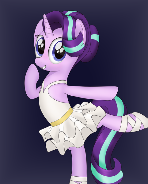 Size: 1489x1848 | Tagged: safe, artist:noosa, derpibooru import, starlight glimmer, pony, unicorn, alternate hairstyle, ballerina, ballet, ballet slippers, blushing, clothes, cute, female, glimmerbetes, glimmerina, grin, hair bun, mare, raised hoof, shoes, simple background, skirt, smiling, solo, standing, standing on one leg, tutu