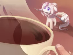 Size: 1600x1200 | Tagged: safe, artist:marcotonio, derpibooru import, oc, oc:sugar cube, unofficial characters only, earth pony, human, pony, coffee, female, hand, jewel, long tail, mare, micro, mouth hold, offscreen character, pov, short mane, smol, solo focus, spoon, steam, tiny, tiny ponies, unshorn fetlocks, white mane