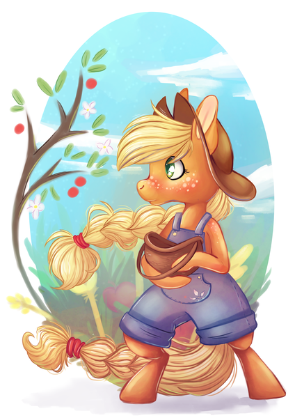 Size: 2481x3508 | Tagged: safe, artist:cutepencilcase, derpibooru import, applejack, semi-anthro, apple, apple tree, basket, braid, clothes, cute, digital art, jackabetes, overalls, solo, tree