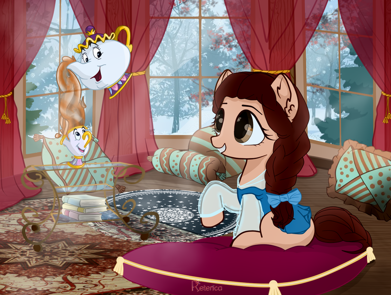 Size: 1500x1133 | Tagged: safe, artist:reterica, deleted from derpibooru, derpibooru import, ponified, pony, beauty, beauty and the beast, belle, book, bow, braid, brown eyes, brown hair, carpet, chip, clothes, crossover, cup, curtains, disney, disney princess, dress, food, hair bow, long hair, mrs potts, pillow, solo, table, tea, teapot, window, winter