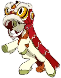 Size: 1100x1400 | Tagged: artist:alexi148, autumn blaze, awwtumn blaze, chinese new year, clothes, costume, cute, derpibooru import, female, hoofy-kicks, kirin, lion dance, looking at you, mare, safe, simple background, smiling, solo, sounds of silence, transparent background, underhoof