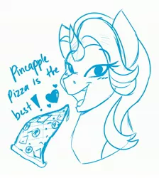 Size: 2893x3234 | Tagged: safe, artist:aidraws, derpibooru import, starlight glimmer, pony, unicorn, blatant lies, dialogue, food, pineapple, pineapple pizza, pizza, pure unfiltered evil, solo, that pony sure does love pineapple pizza