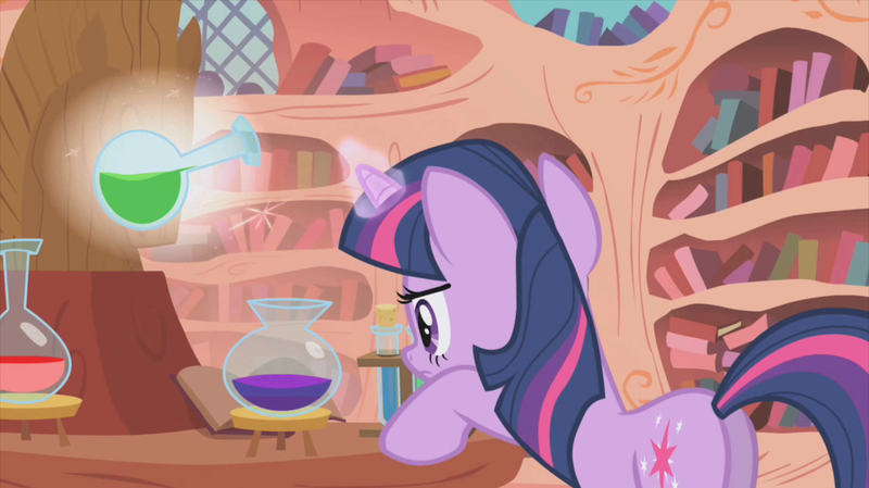 Size: 2880x1618 | Tagged: safe, derpibooru import, screencap, twilight sparkle, pony, unicorn, griffon the brush off, alchemy, book, bookshelf, concentrating, female, flask, golden oaks library, magic, magic aura, mare, solo, telekinesis, test tube, unicorn twilight