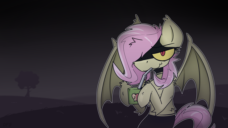 Size: 3840x2160 | Tagged: safe, artist:dfs, artist:difis, artist:dumbf, derpibooru import, fluttershy, bat pony, pony, apple juice, bat ponified, drinking, flutterbat, flutterjuice, juice, juice box, looking at you, night, race swap, red eyes, slit eyes, solo, yellow sclera