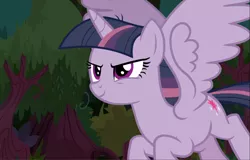 Size: 1461x933 | Tagged: safe, derpibooru import, screencap, mean twilight sparkle, alicorn, pony, the mean 6, clone, cropped, evil grin, female, flying, grin, sinister, smiling, solo, spread wings, wings