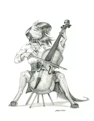 Size: 1000x1280 | Tagged: safe, artist:baron engel, derpibooru import, octavia melody, anthro, earth pony, unguligrade anthro, breasts, cello, choker, cleavage, clothes, corset, eyes closed, female, grayscale, mare, monochrome, musical instrument, pencil drawing, shirt, shoes, simple background, sitting, skirt, solo, traditional art, white background