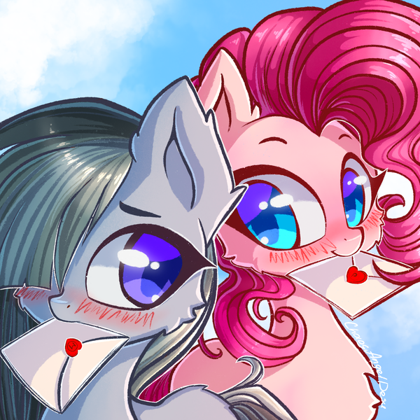 Size: 2048x2048 | Tagged: safe, artist:chaosangeldesu, derpibooru import, marble pie, pinkie pie, earth pony, pony, cute, diapinkes, female, letter, love letter, marblebetes, mare, mouth hold, pie sisters, siblings, sisters, smiling