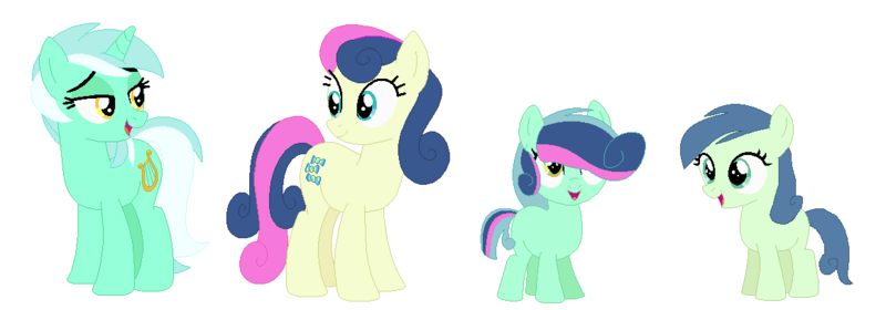 Size: 1162x406 | Tagged: safe, artist:cindyter, derpibooru import, bon bon, lyra heartstrings, sweetie drops, oc, pony, female, lesbian, lyrabon, magical lesbian spawn, offspring, parent:bon bon, parent:lyra heartstrings, parents:lyrabon, shipping