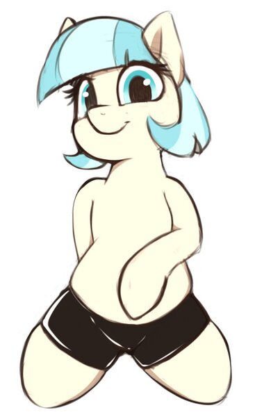 Size: 521x851 | Tagged: suggestive, artist:neighday, derpibooru import, coco pommel, earth pony, pony, clothes, female, looking at you, mare, shorts, simple background, smiling, solo, solo female, white background