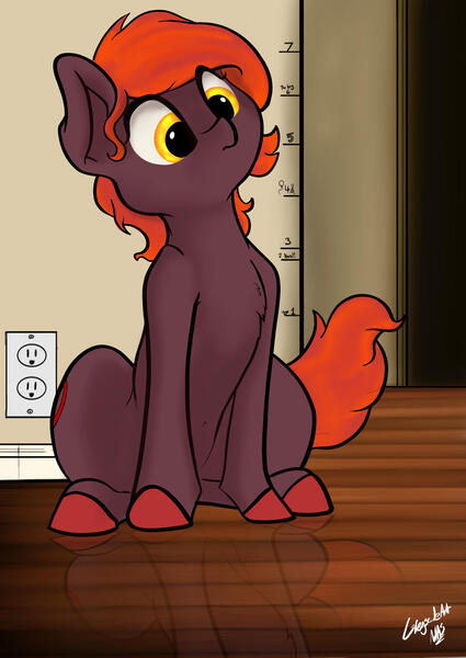 Size: 2050x2891 | Tagged: safe, artist:greyscaleart, derpibooru import, oc, oc:oblivia, unofficial characters only, earth pony, pony, chest fluff, cute, electrical outlet, female, frown, growth chart, looking down, mare, ocbetes, pose, raised eyebrow, reflection, signature, sitting, size chart, size comparison, solo, unshorn fetlocks