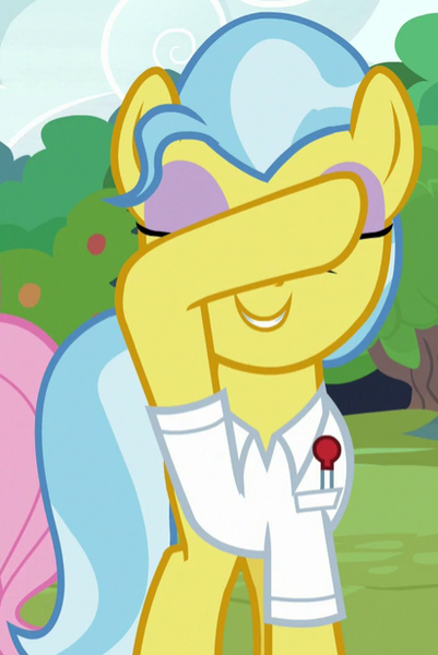 Size: 412x616 | Tagged: safe, derpibooru import, screencap, doctor fauna, pony, fluttershy leans in, covering eyes, cropped, smiling, solo focus