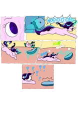Size: 1200x1920 | Tagged: safe, artist:doodletheexpoodle, derpibooru import, starlight glimmer, oc, oc:pocket watch, pony, unicorn, comic:magic mayhem, big eyes, comic, confused, cushion, falling, female, filly, missing cutie mark, mother and child, mother and daughter, offspring, parent:doctor whooves, parent:starlight glimmer, parents:starwhooves, pillow, question mark, simple background, sweat, teleportation, transparent background