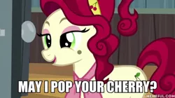 Size: 600x337 | Tagged: suggestive, derpibooru import, edit, edited screencap, screencap, cherry jubilee, pony, party pooped, caption, cherry pop, female, image macro, implied sex, innuendo, mare, meme, solo, text