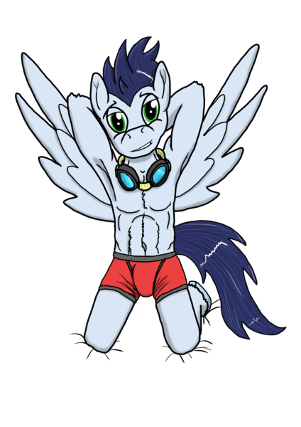 Size: 1920x2716 | Tagged: anthro, armpits, artist:lizardwithhat, blue hair, boxer briefs, clothes, cute, derpibooru import, goggles, green eyes, grin, hooves, looking at you, male, muscles, pegasus, shorts, simple background, smiling, smiling at you, soarin', soarinbetes, solo, solo male, spread wings, stallion, suggestive, underwear, wings