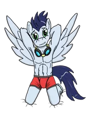 Size: 1920x2716 | Tagged: anthro, armpits, artist:lizardwithhat, blue hair, boxer briefs, clothes, cute, derpibooru import, goggles, green eyes, grin, hooves, looking at you, male, muscles, pegasus, shorts, simple background, smiling, smiling at you, soarin', soarinbetes, solo, solo male, spread wings, stallion, suggestive, underwear, wings