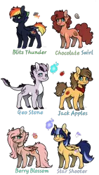 Size: 720x1280 | Tagged: safe, artist:misshoneybunn, derpibooru import, oc, oc:berry blossom, oc:blitz thunder, oc:chocolate swirl, oc:geo stone, oc:jack apples, oc:star shooter, unofficial characters only, alicorn, dracony, dragon, earth pony, hybrid, pegasus, pony, alicorn oc, claw hooves, colored hooves, cutie mark, fangs, female, freckles, heterochromia, horn, interspecies offspring, jewelry, male, mare, neckerchief, necklace, next generation, offspring, parent:applejack, parent:big macintosh, parent:caramel, parent:cheese sandwich, parent:flash sentry, parent:fluttershy, parent:pinkie pie, parent:rainbow dash, parent:rarity, parent:soarin', parent:spike, parent:twilight sparkle, parents:carajack, parents:cheesepie, parents:flashlight, parents:fluttermac, parents:soarindash, parents:sparity, simple background, stallion, tongue out, transparent background, wings