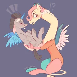Size: 2000x2000 | Tagged: safe, artist:waackery, derpibooru import, discord, fluttershy, ponified, alicorn, draconequus, pony, alicornified, art challenge, blushing, colored horn, colored wings, discoshy, draconequified, exclamation point, eyes closed, female, flutterequus, holding a pony, horn, interrobang, laughing, male, open mouth, pony discord, prank, purple background, question mark, race swap, role reversal, shipping, simple background, species swap, stallion, straight, underhoof, wings