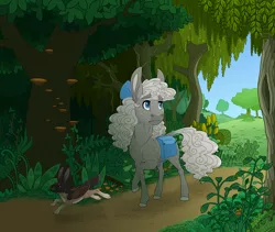 Size: 3202x2700 | Tagged: safe, artist:jackiebloom, derpibooru import, oc, oc:dust bunny, unofficial characters only, hinny, hybrid, mule, pony, skvader, bag, bow, curly mane, everfree forest, female, forest, hair bow, outdoors, saddle bag, scenery, shelf mushroom, solo, tail feathers, tree