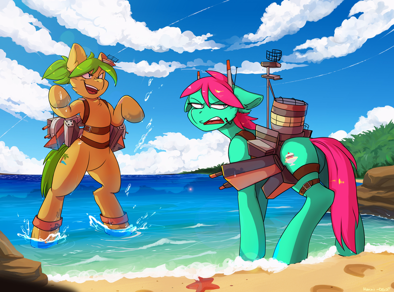 Size: 3875x2870 | Tagged: safe, artist:hakkids2, derpibooru import, oc, oc:minty split, oc:oasis, unofficial characters only, earth pony, pony, starfish, battleship, beach, bipedal, clothes, cloud, cosplay, costume, female, floppy ears, mare, open mouth, sand, sky, unshorn fetlocks, water