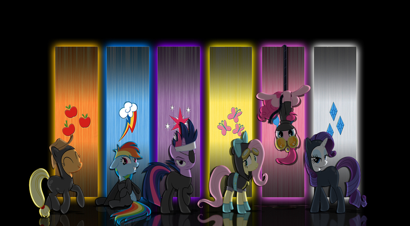 Size: 2898x1600 | Tagged: safe, artist:rockcandy01, derpibooru import, edit, applejack, fluttershy, pinkie pie, rainbow dash, rarity, twilight sparkle, earth pony, pegasus, pony, unicorn, abstract background, bunny ears, catsuit, clothes, costume, cutie mark, dangerous mission outfit, flutterspy, future twilight, goggles, hoodie, mane six