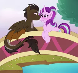 Size: 1280x1205 | Tagged: safe, artist:emera33, derpibooru import, starlight glimmer, oc, oc:draco k-night blaze, dracony, dragon, hybrid, kirin, pony, blushing, bridge, canon x oc, female, kissing, love, male, request, starlaco, straight