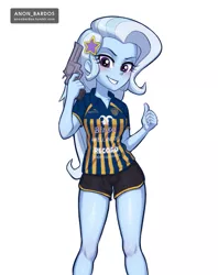 Size: 797x1006 | Tagged: safe, artist:anon_bardos, derpibooru import, trixie, equestria girls, argentina, blushing, clothes, cute, diatrixes, female, football, gun, handgun, no trigger discipline, revolver, shorts, smiling, solo, sports, stars, weapon